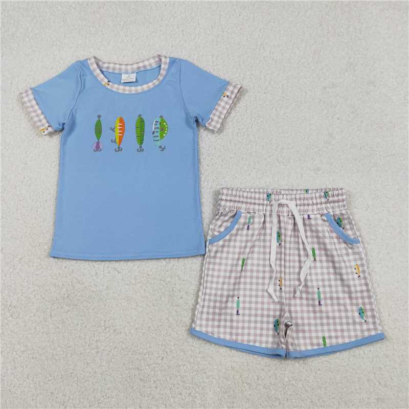 12.26 RTS NO MOQ (In stock)Matching BSSO1617 Embroidery Fishing Baby Boys Top Checked Pockets Shorts Hunting Clothes Sets