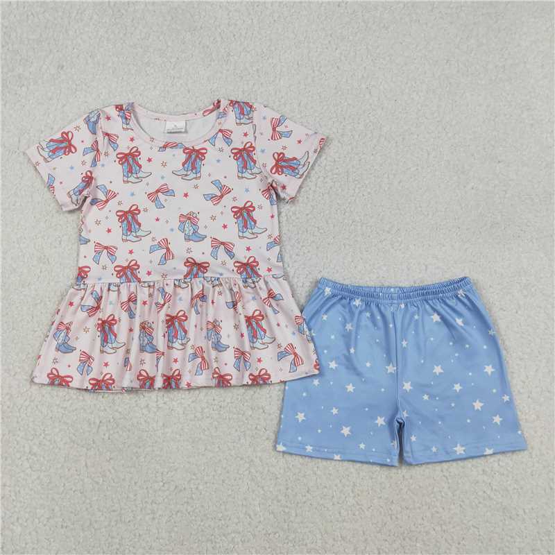 1.6 RTS NO MOQ (In stock)GSSO2837 4th of July Baby Girls Bows Boots Stars Tunic Shorts Western July 4th Clothes Sets