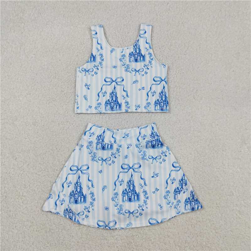 12.17 RTS NO MOQ (In stock)Matching GSD3067 Baby Girls Blue Castles Bows Top Skirt Shorts Yoga Active Clothes Set