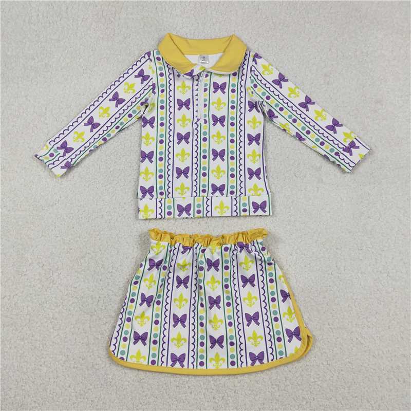 12.18 RTS NO MOQ (In stock)GLD1363 Baby Girls Mardigras Anchors Bows Stripe Zip Pullovers Skirt Shorts Yoga Active Clothes Set