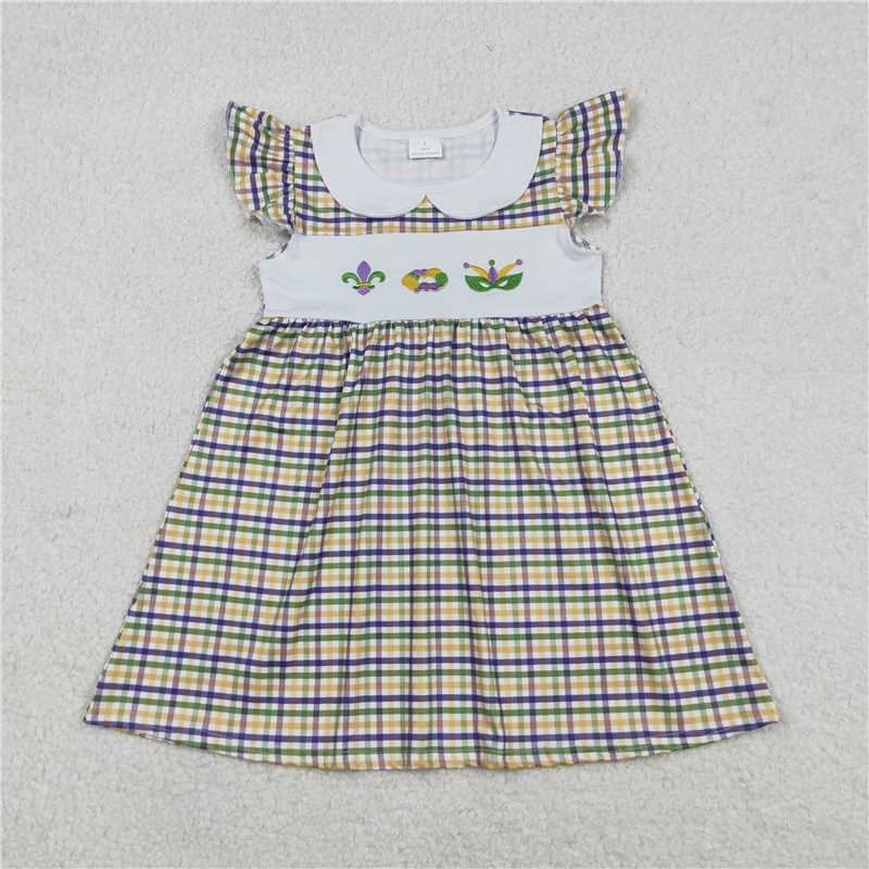 12.17 RTS NO MOQ (In stock)GSD2934 Embroidery Anchors Donuts Baby Girls Mardigras Checked Collar Knee Length Dresses