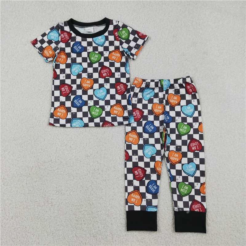 1.13 RST BSPO0490 Baby Boys Black Checked Hearts Top Pants Valentines Pajamas Sets