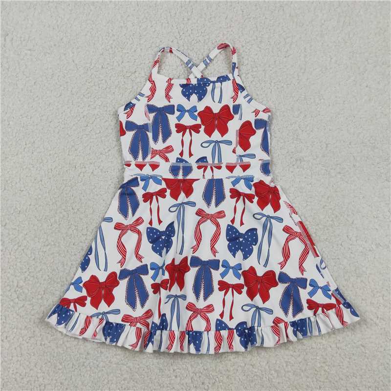 USA Warehouse (IN STOCK) GSD4064 Red blue bow ruffle kids girls 4th of july athletic dress