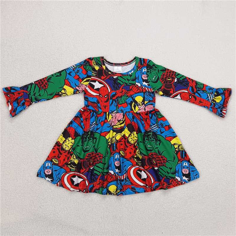 9.25 RTS NO MOQ(In stock)G6-1-4// Baby Girls Winter Dress Green Monster Long Sleeve Dress