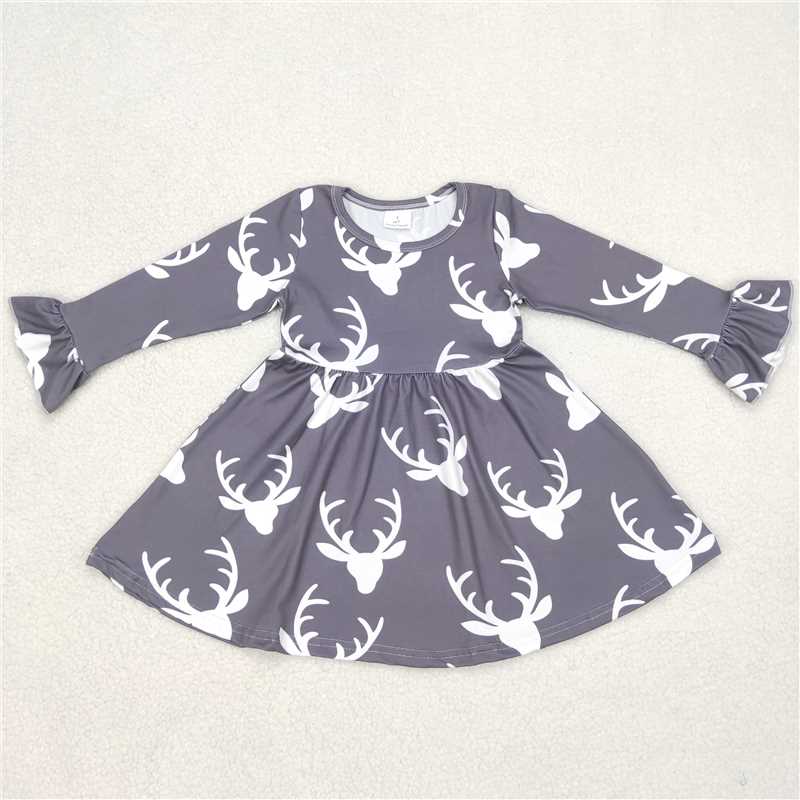 9.24 RTS NO MOQ(In stock)G6-1-3./ Baby Girls Winter Dress White deer head gray long-sleeved dress