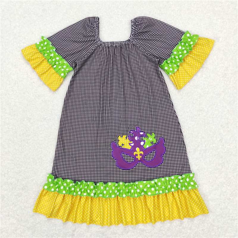 12.17 RTS NO MOQ (In stock)GSD0499 Baby Girls Mardi Gras Black Checkered Ruffle Knee Length Dresses