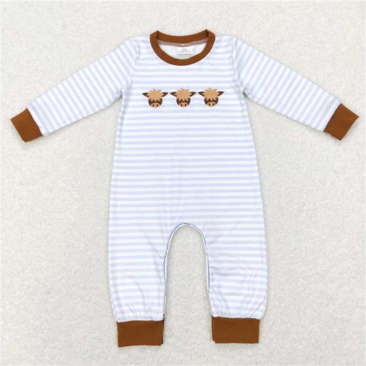 RTS LR0723 Embroidered bull head blue and white striped long-sleeved jumpsuit