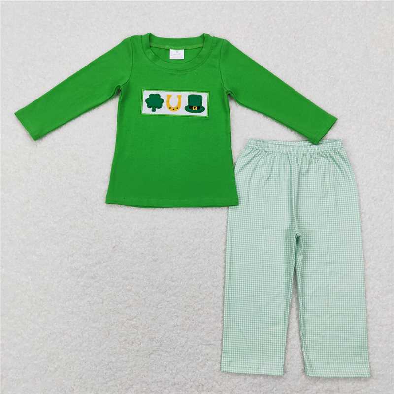BLP0376 Boys Embroidery Four Leaf Clover Green Long Sleeve Plaid Pants Suit