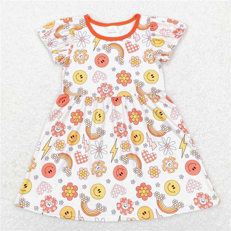 GSD0404 Smiley Face Rainbow Flower Short Sleeve Dress