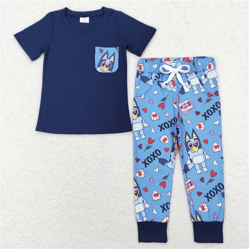 BSPO0271 Baby Boys Valentines Navy Dog Hearts Short Sleeve Shirts Pants Clothes Sets