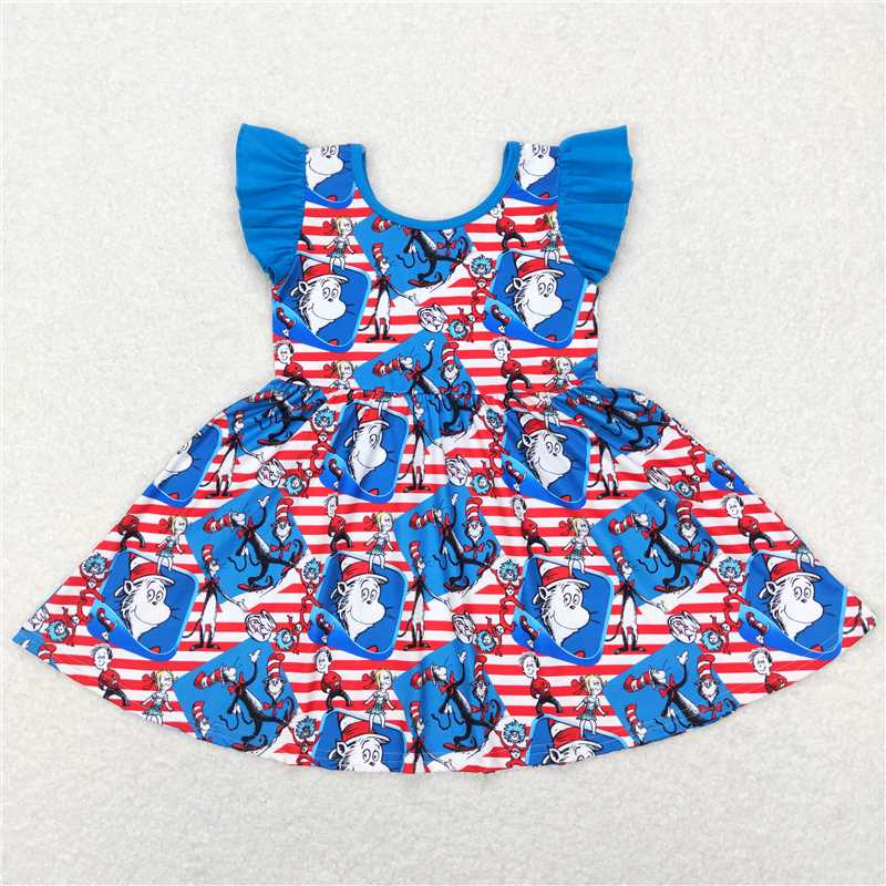 GSD0567 Flutter sleeves blue red stripe cat hat girls dresses