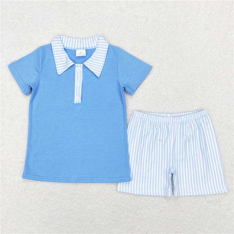 BSSO0402 Baby Boys Blue Buttons Top Blue Stripes Shorts Outfits Clothing Sets