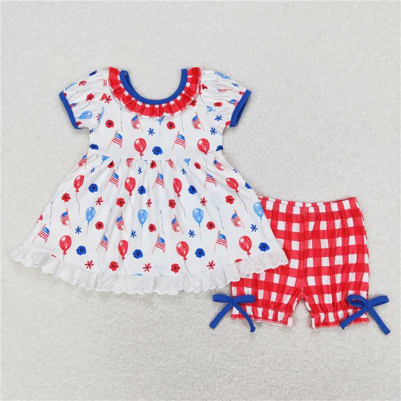 GSSO0430 4th of July Girl Balloon Flower Flag White Short Sleeve Red Plaid Shorts Suit