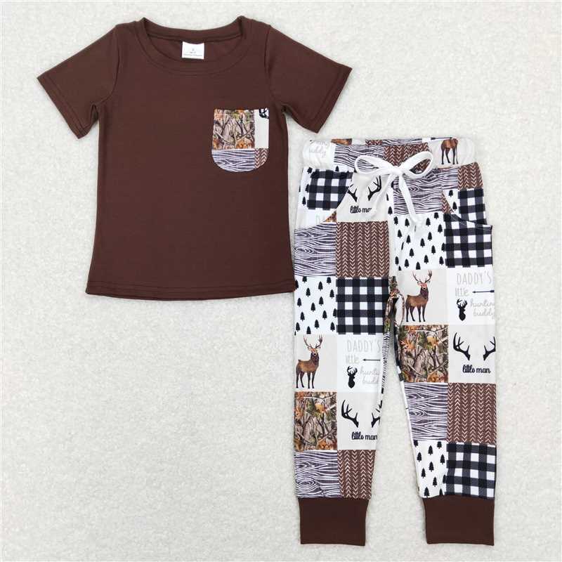 BSPO0250 Baby Boys Brown Daddy's Little Buddy Pockets Shirt Pants Clothes Sets