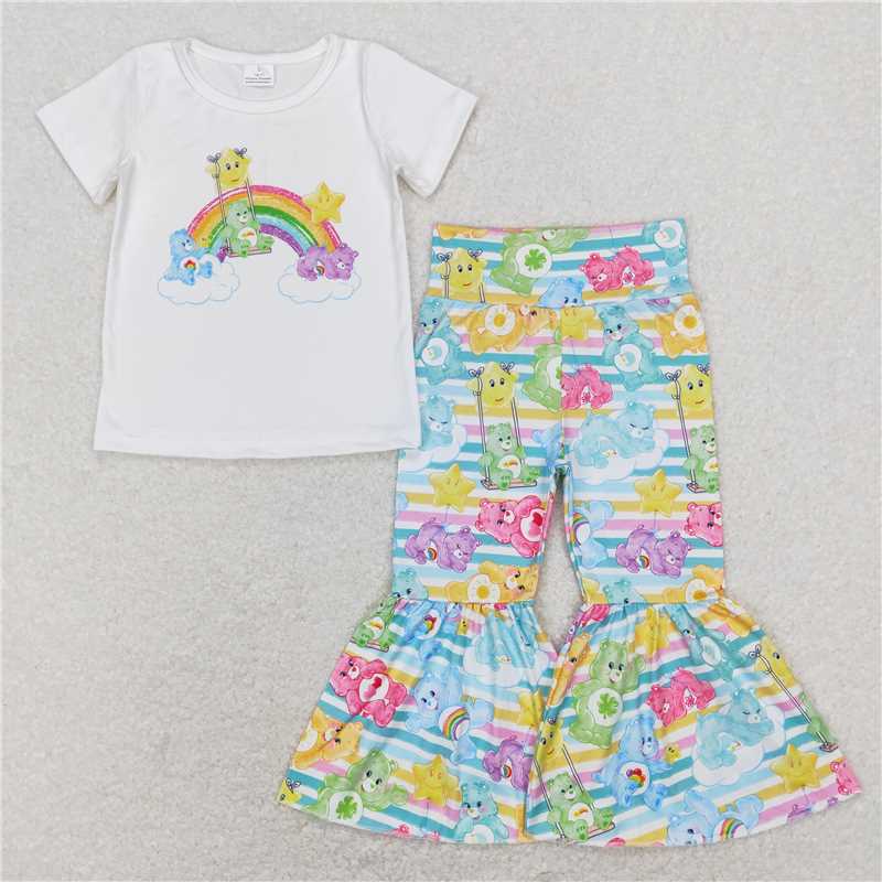 GSPO1189 Cartoon bear star rainbow white short-sleeved colorful striped trousers suit