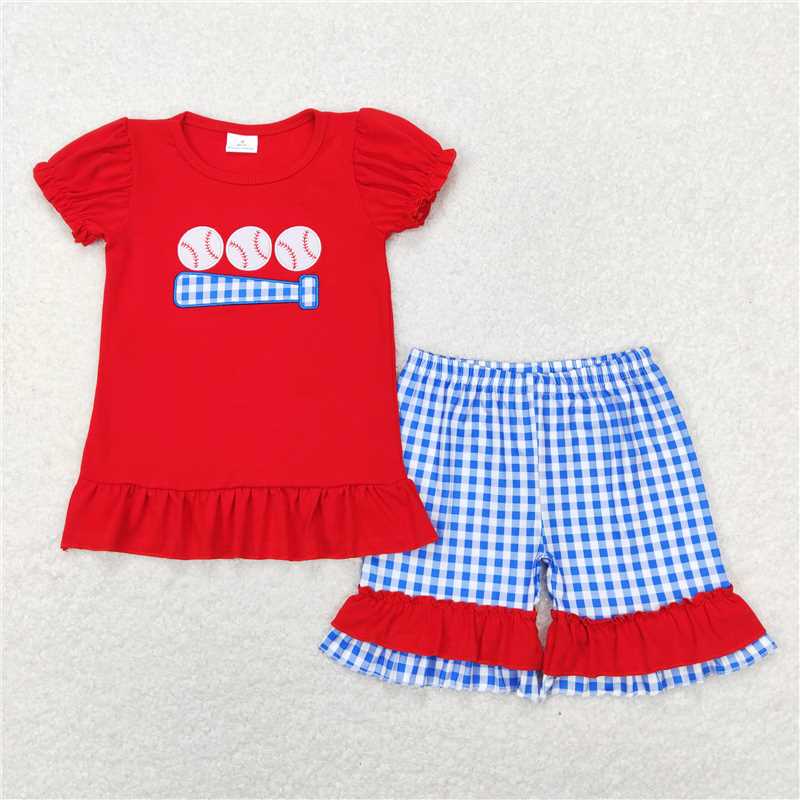 GSSO0428Short sleeves red baseball top plaid shorts girls clothes