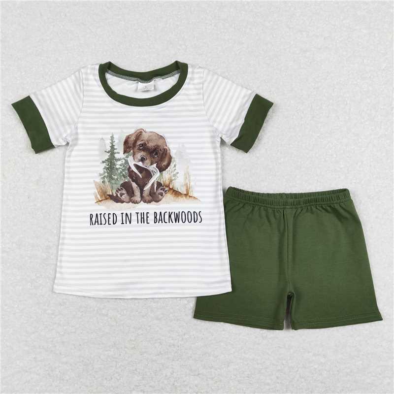 BSSO0376 Baby Boys Toddler Dog Backwoods Stripes Shirts Shorts Clothes Sets