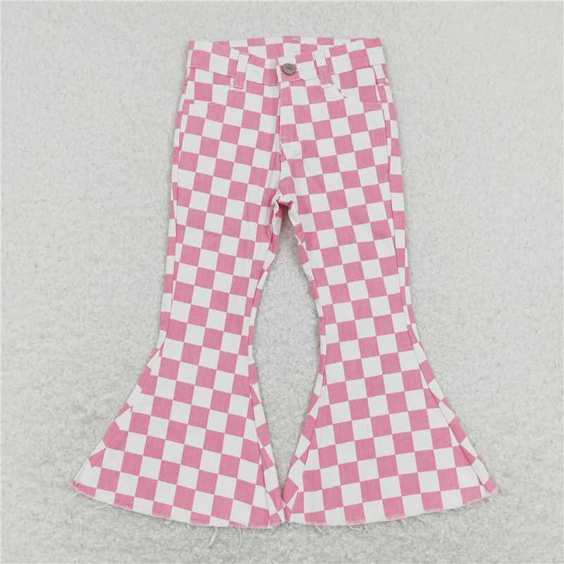 USA Shop (in stock)P0348 Baby Girls Pink Checkered Bell Flare Denim Pants Jeans