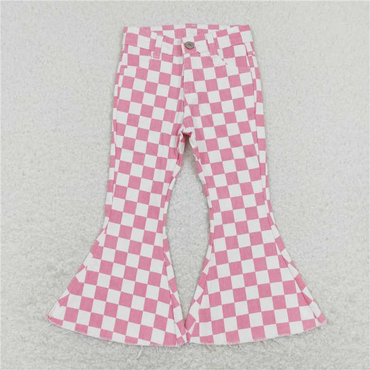 USA Shop (in stock)P0348  Baby Girls Pink Checkered Bell Flare Denim Pants Jeans