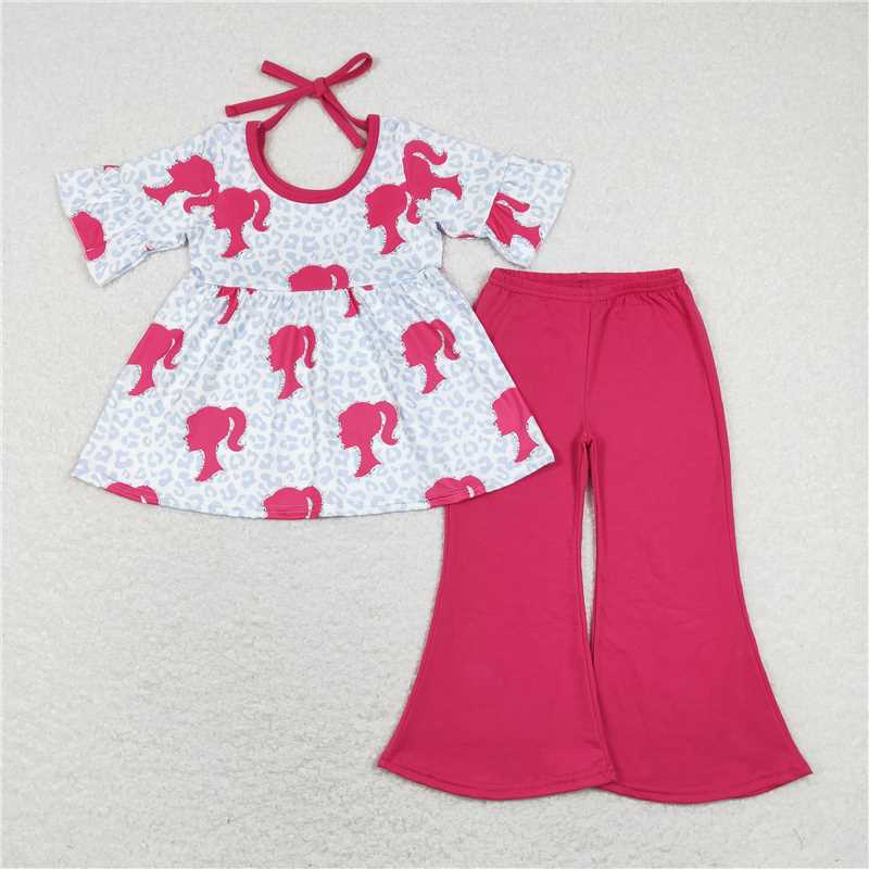 GSPO1187 Barbie avatar leopard print short-sleeved rose red trousers suit