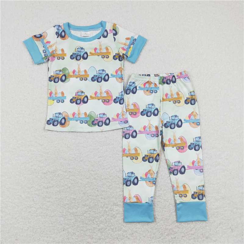 BSPO0300 Baby Boys Easter Tractor Eggs Shirts Pants Pajamas Clothes Sets