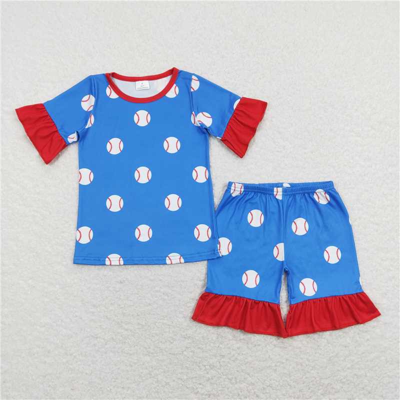 GSSO0525Blue baseball short sleeves kids girls pajamas
