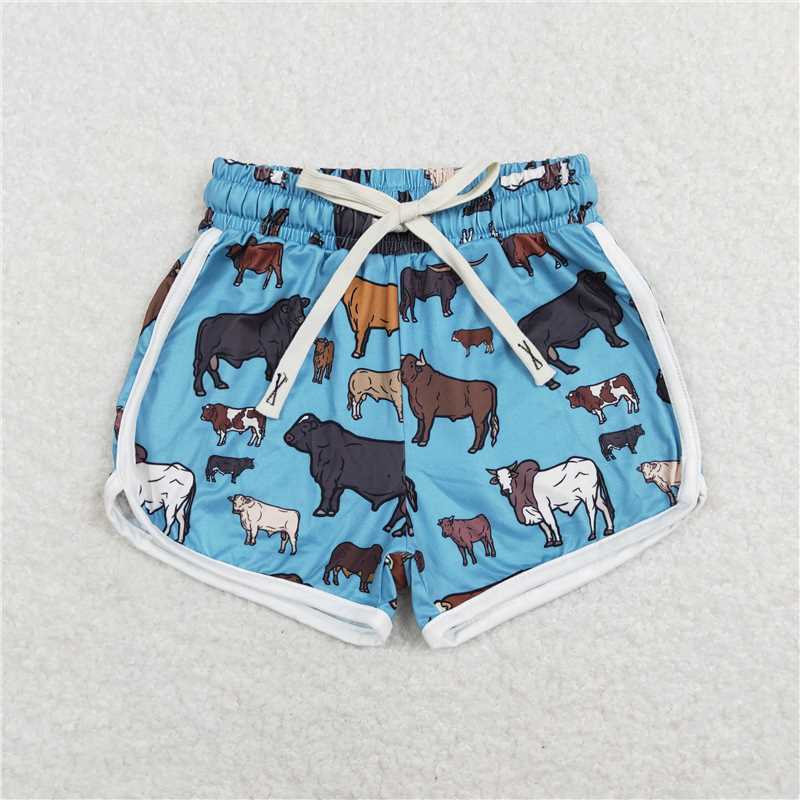 SS0124 Baby Girls Cows Blue Western Shorts