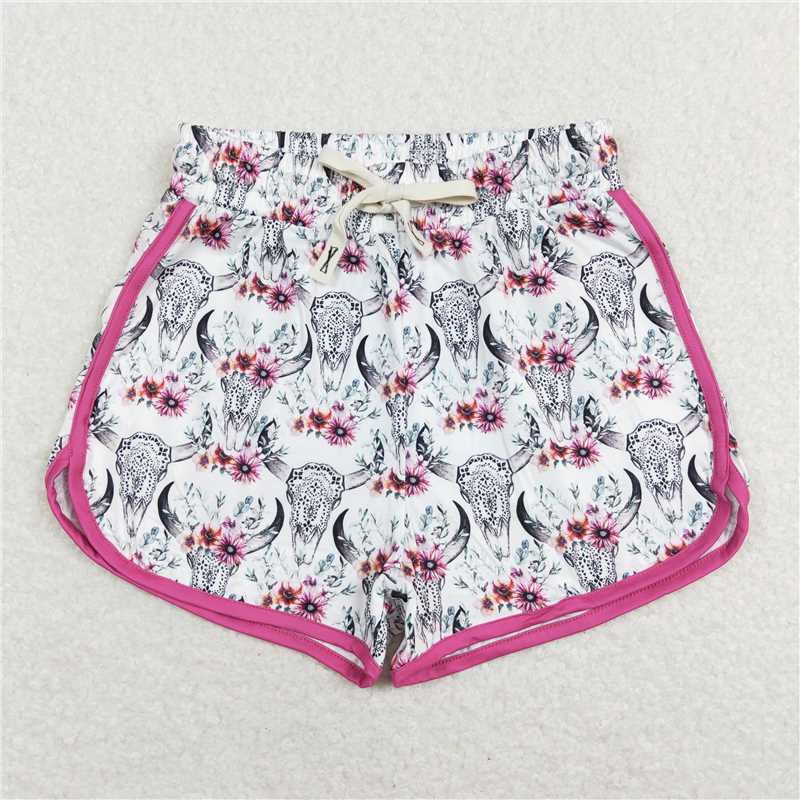 SS0127 Adult Women White Cowskull Western Summer Shorts