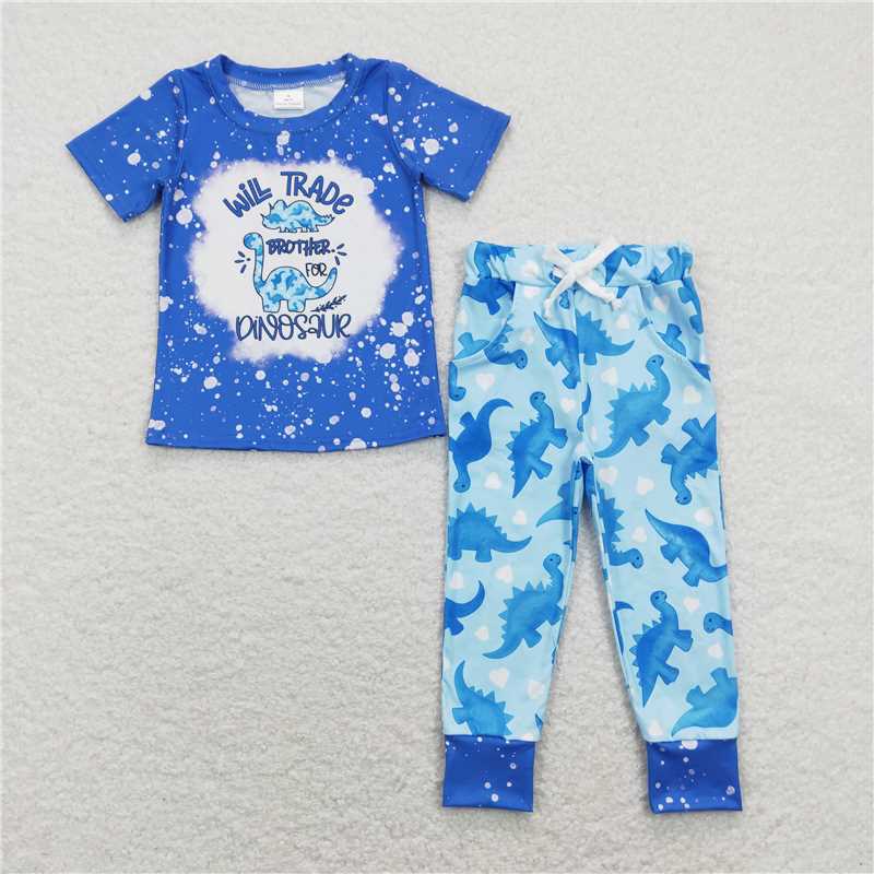 BSPO0277 Baby Boys Blue Dinosaur Brother Top Pants Clothes Sets