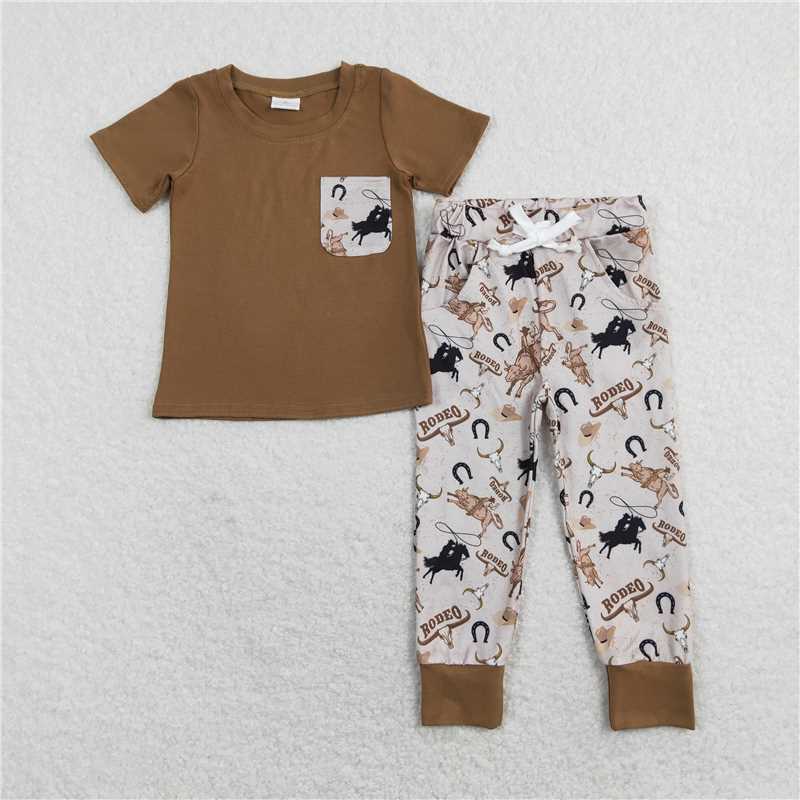 BSPO0198 Baby Boys Brown Pocket Tee Shirts Western Rodeo Pants Clothes Sets