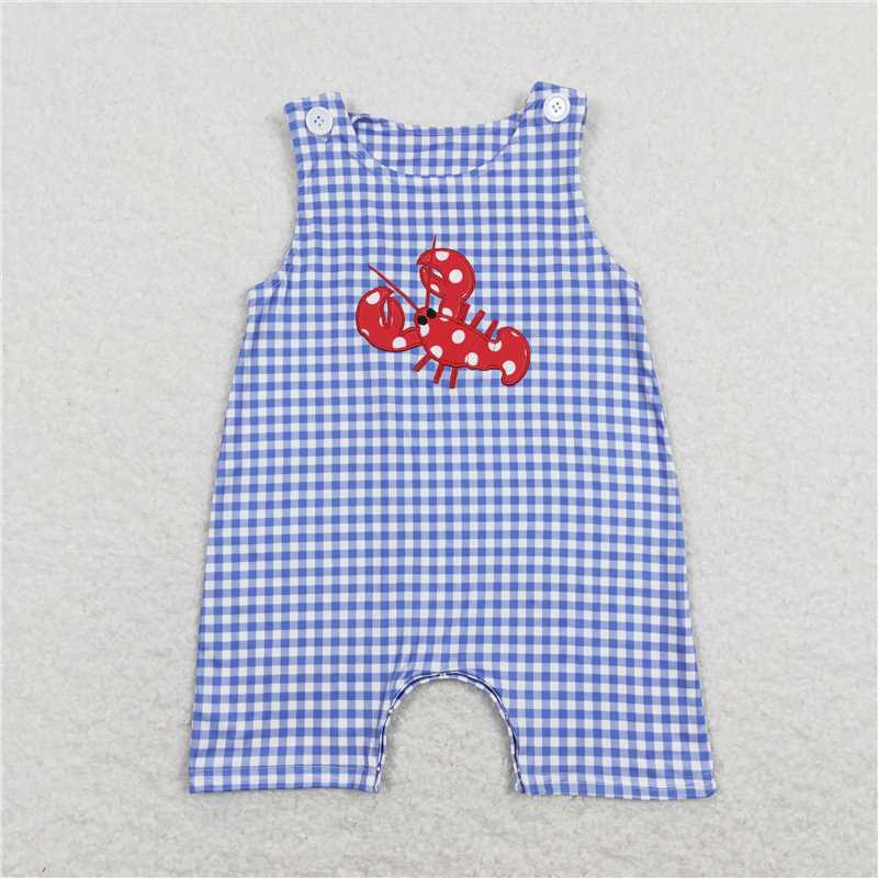 SR0820 Baby Infant Boys Crawfish Blue Checkered Rompers