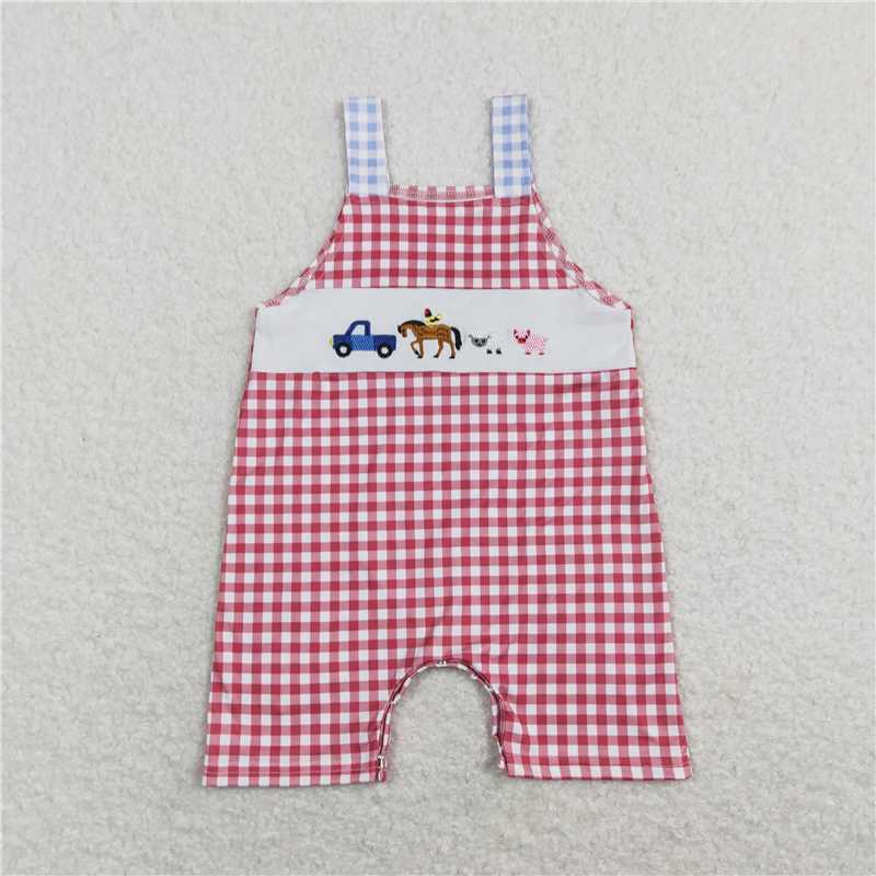 SR0632 Baby Infant Boys Straps Red Chekered Summer Farm Rompers