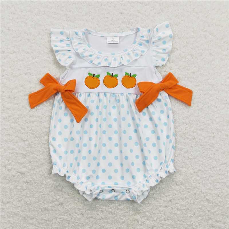 SR0737 Baby Infant Girls Peach Fruit Flutter Sleeve Bows Rompers