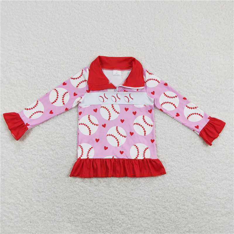 GT0429 Baby Girls Pink Baseball Zip Long Sleeve Pullovers Tops