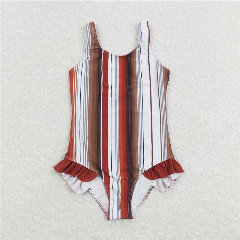 S0238 Baby Girls Boys Brown Stripes Western Summer Trunk Swimsuits
