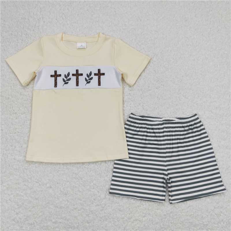 1.5 RTS NO MOQ (In stock)Matching Easter BSSO0459 Baby Boys Toddler Easter Cross Shirts Stripes Shorts Outfits Clothes Sets