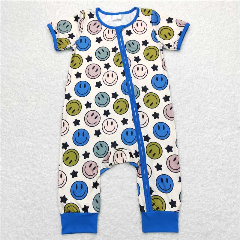 S0944 Baby Infant Boys Smile Blue Color Zip Short Sleeve Rompers