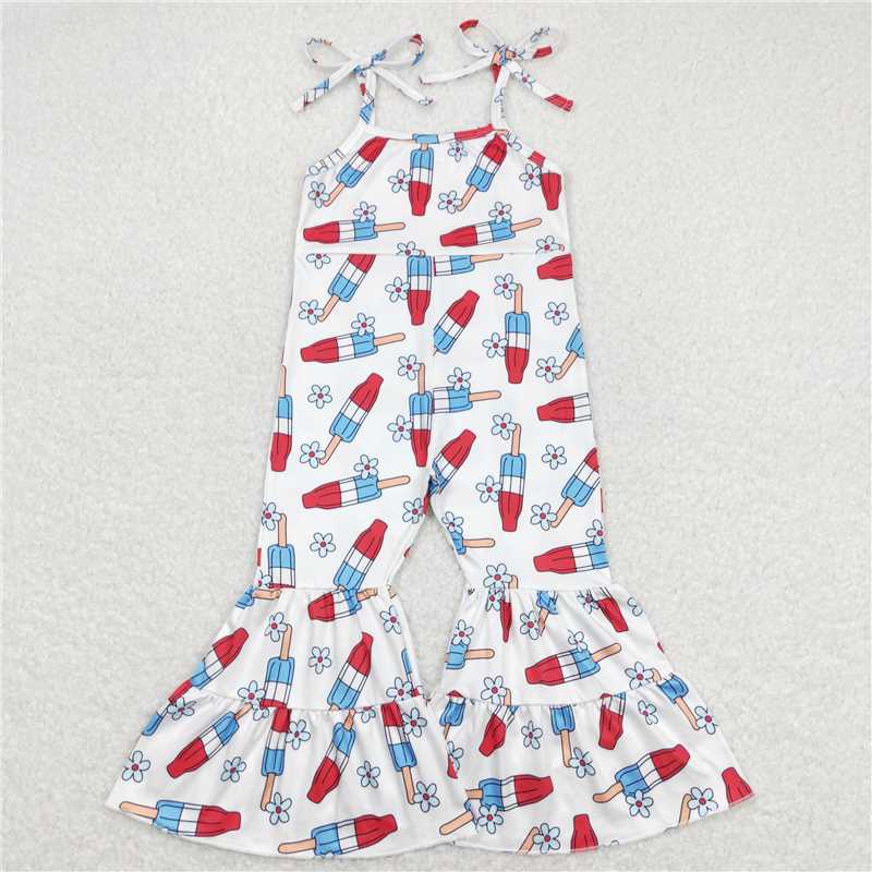SR0905 RTS NO MOQ Baby Girls Summer Jumpsuits Baby Girls 4th Of July Popstick Straps Bell Pants Jumpsuits