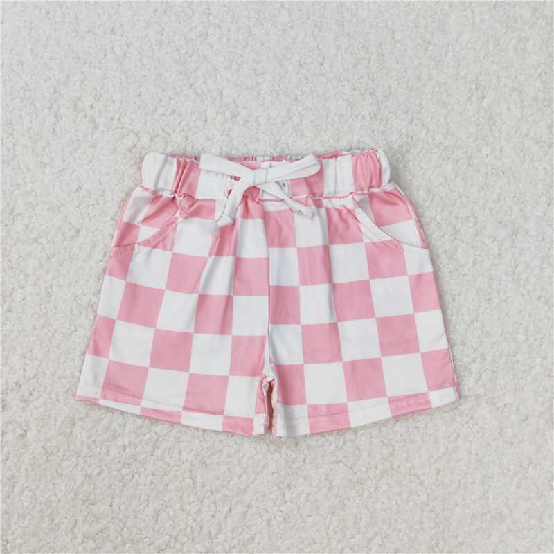SS0258 Baby Girls Pink Checkered Pocket Summer Bottoms Shorts