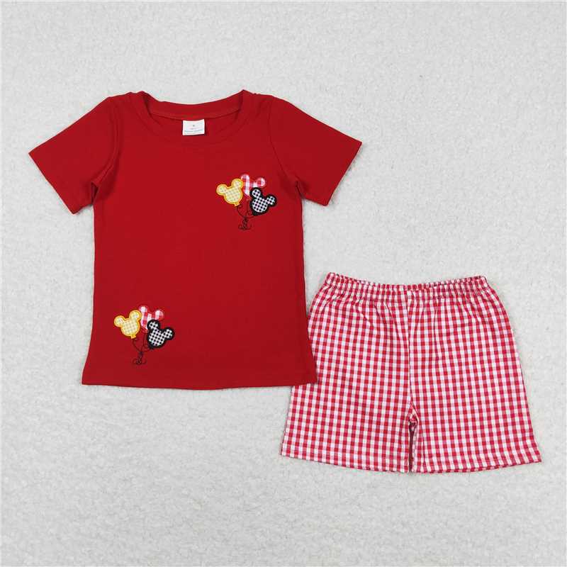 BSSO0652 Baby Boys Red Cartoon Shirt Checkered Shorts Clothes Sets