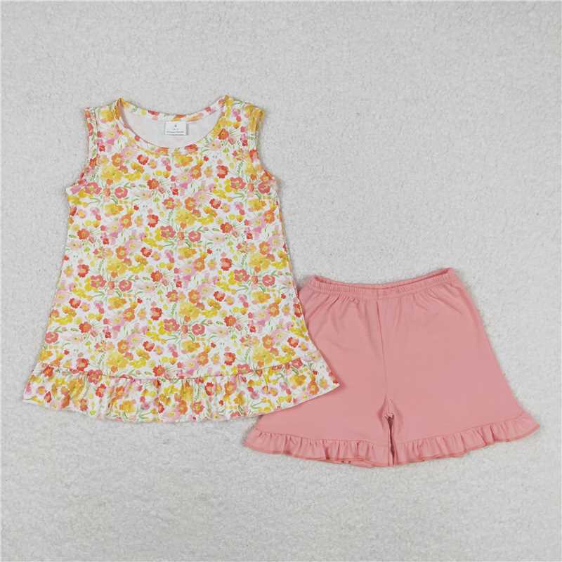GSSO1135 Yellow-orange flower sleeveless pink shorts set