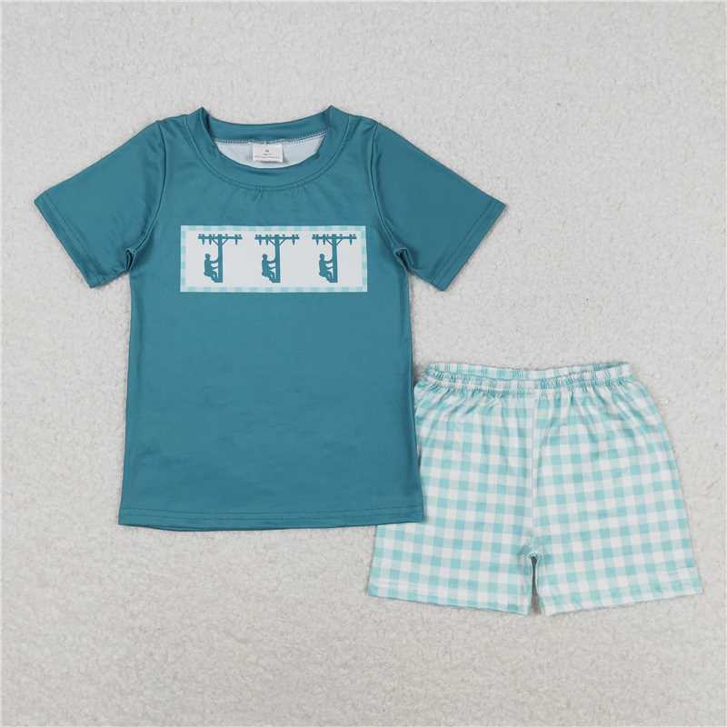 BSSO0738 Baby Boys Green Checkered Line Workers Shirt Shorts Clothes Sets