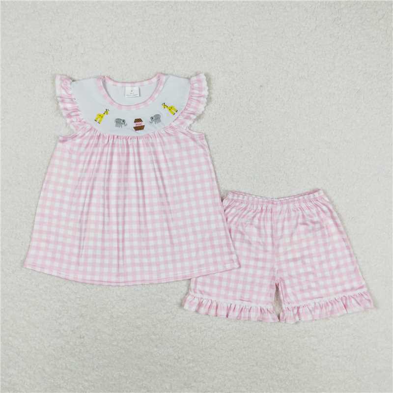GSSO0795Giraff elephant plaid tunic ruffle shorts girls clothing