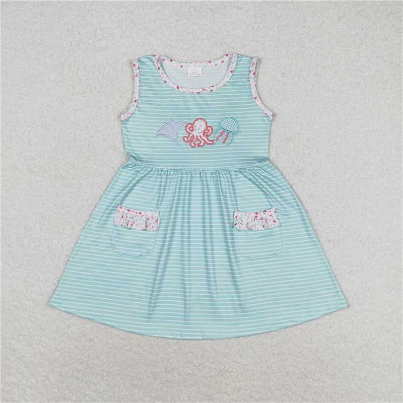 GSD0963 Embroidered Octopus Jellyfish Striped Teal Sleeveless Dress