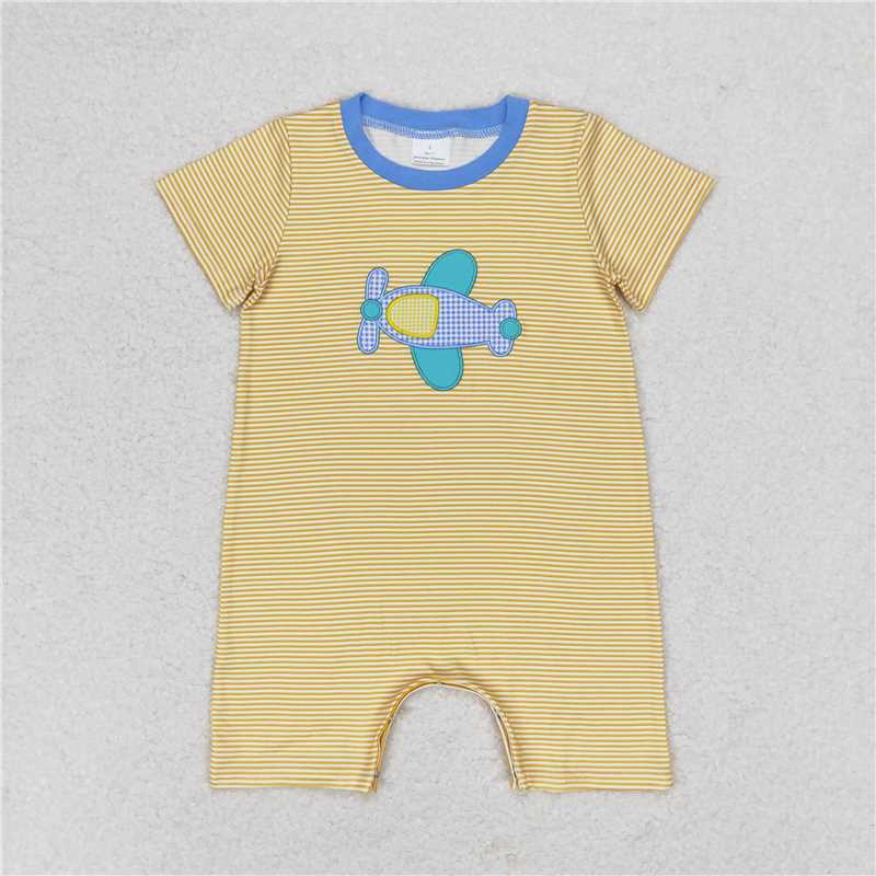 SR1264 Baby Boys Mustard Stripes Plane Short Sleeve Rompers