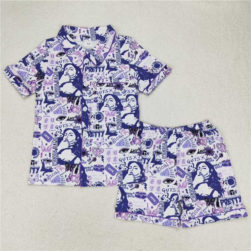 Adult Girls European and American Female Singer Printed Button Cardigan Short Sleeve Shorts Pajama Set