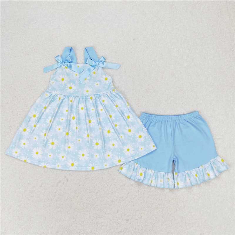 GSSO0993 Daisy flower blue lace bow sleeveless shorts set