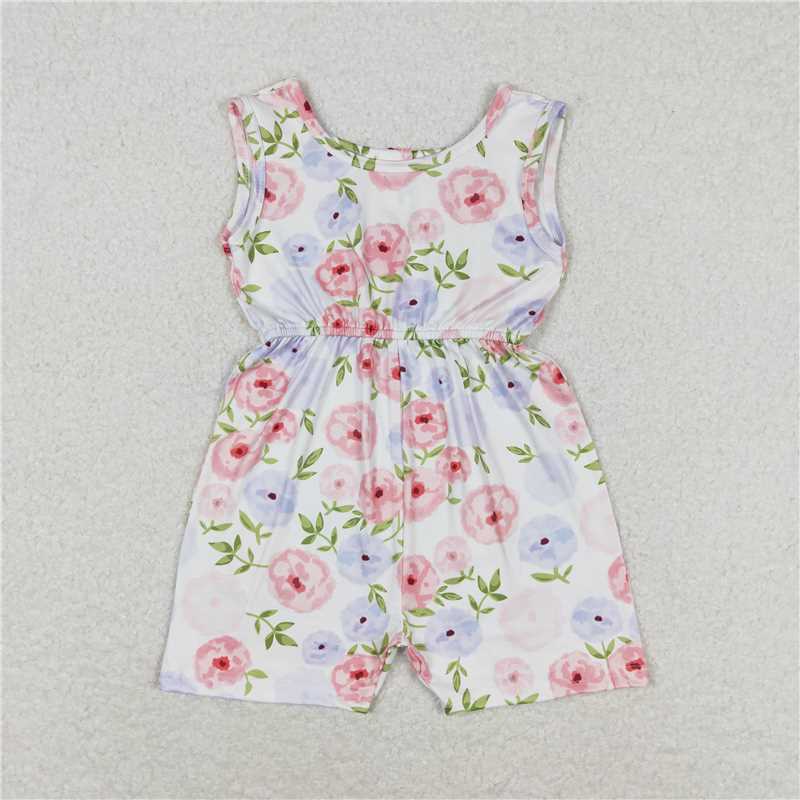 SR1311 Baby Girls Pink Flowers Sleeveless Shorts Jumpsuits