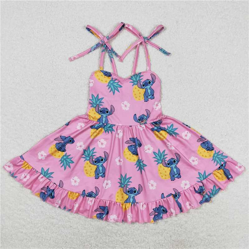 GSD1080RTS NO MOQ Baby Girls Summer Dress Baby Girls Strapes Pineapple Mouse Ruffle Knee Length Dresses