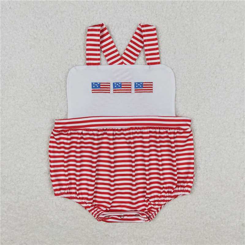 SR1212 Embroidery Baby Infant Boys Red Stripes Flags Straps Rompers